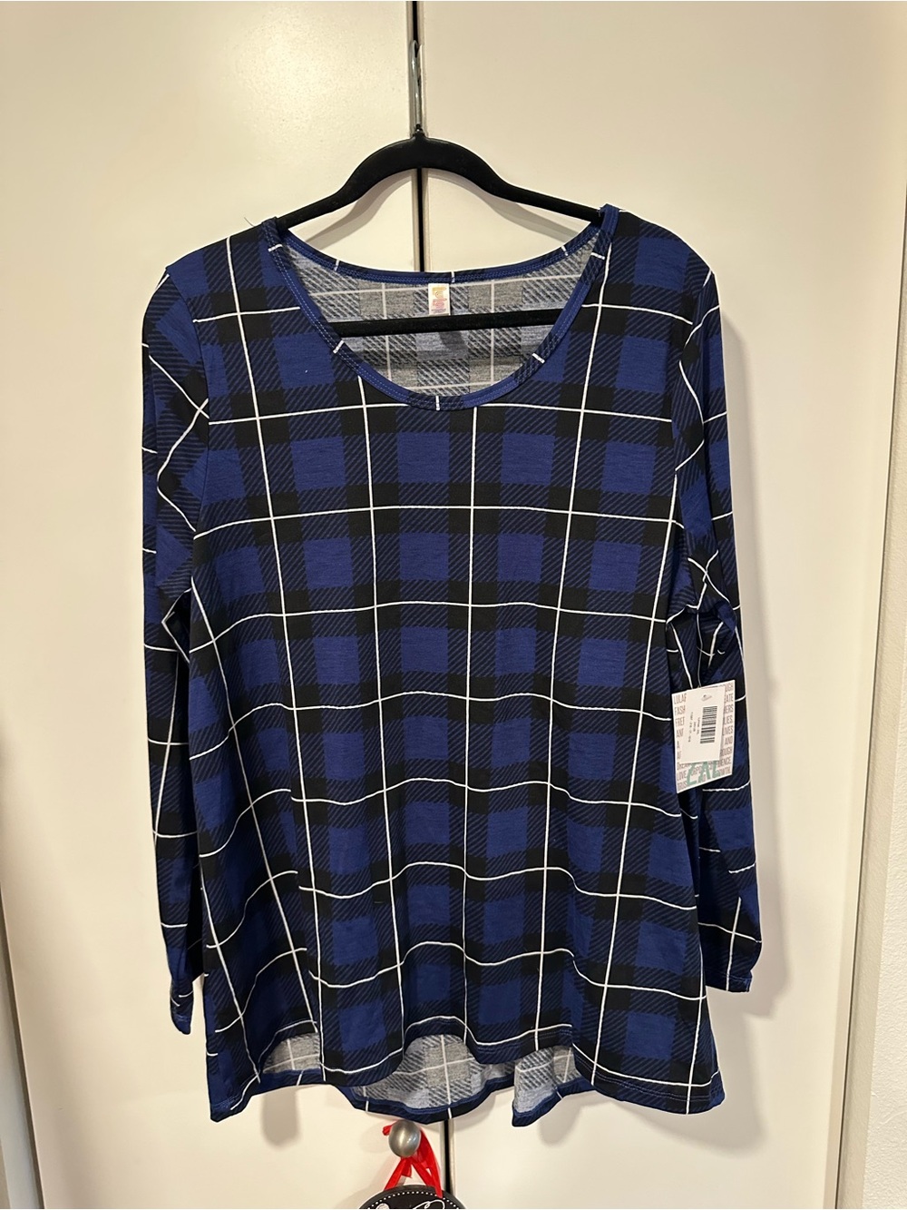 Women's Blue Plaid Long-Sleeve Scoop Neck Top NwT Lularoe 2x Lynnae